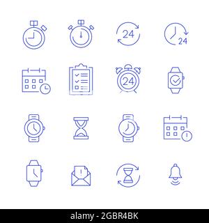 Icone di data e ora. Orologio, clessidra, notifica, cronometro, ore di lavoro 24 ore su 24. Tratto pixel perfetto e modificabile Illustrazione Vettoriale