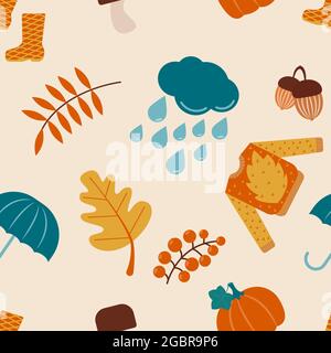 Oggetti autunnali motivo senza cuciture: Maglione, ombrello, fungo, foglie, gocce di pioggia e stivali. Illustrazione vettoriale piatta Illustrazione Vettoriale
