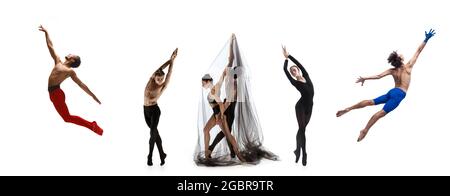 Collage di ritratti di ballerini maschi e femmine danzanti isolati su sfondo bianco. Concetto di arte, teatro, bellezza e creatività Foto Stock