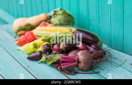 Assortimento di verdure biologiche fresche da fattoria su sfondo di legno blu dipinto. Concetto di mercato in stile country, prodotti da giardino locali, dieta alimentare pulita Foto Stock