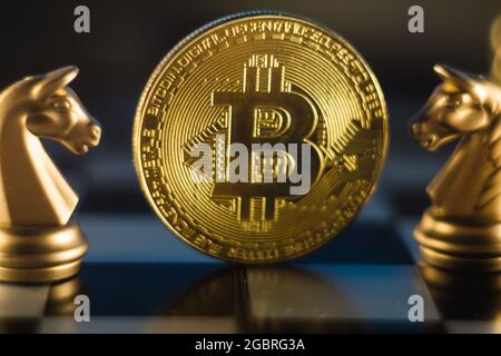 Colpo di closeup di una moneta su una scacchiera con due pezzi di scacchi del cavaliere d'oro su entrambi i lati. Foto Stock