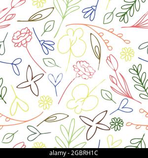 Motivo vettoriale senza cuciture con fiori e foglie su sfondo bianco. Semplice carta da parati in linea naturale con colori brillanti. Illustrazione Vettoriale