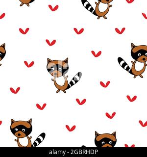 Pattern vettoriale senza giunture con raccoon su sfondo bianco. Carino animale carta da parati di design. Ripetere il modello di moda tessile. Illustrazione Vettoriale