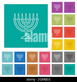Menorah con candele brucianti icone piatte multicolore su sfondi quadrati. Incluse variazioni delle icone bianche e più scure per il passaggio del mouse o l'effetto attivo Illustrazione Vettoriale