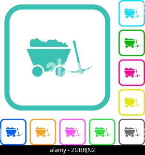 Carrello della miniera caricato e piccone vividi icone piatte colorate con bordi curvi su sfondo bianco Illustrazione Vettoriale