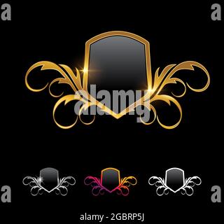 Un insieme vettoriale di illustrazione vettoriale di Golden Shield Frame Vector Sign Illustrazione Vettoriale