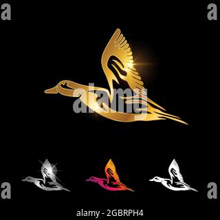 Un set di illustrazioni vettoriali di Golden Flying Duck Vector Sign Illustrazione Vettoriale