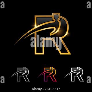 Un set di illustrazioni vettoriali di Golden Monogram Hammer Initial Letter R ione sfondo nero con oro e effetto brillantezza cromata Illustrazione Vettoriale