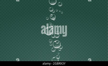 Bolle fluttuanti isolate su sfondo trasparente scuro. Aria frizzante sott'acqua. Illustrazione vettoriale realistica. Illustrazione Vettoriale