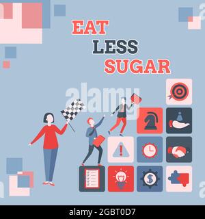 Scrittura che mostra il testo Eat Less Sugar. Concetto di business ridurre l'assunzione di zucchero e mangiare una dieta sana alimenti ricchi entrare in Office foglio di lavoro dati Foto Stock