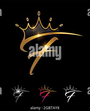 Un set di illustrazioni vettoriali di Golden Monogram Crown Initial Letter F su sfondo nero con effetto lucentezza oro per logo e lucentezza reali e di lusso Illustrazione Vettoriale