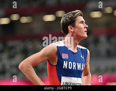 Tokyo, Giappone. 5 agosto 2021. Jakob Ingebrigtsen di Norvegia reagisce durante la semifinale maschile di 1500 m ai Giochi Olimpici di Tokyo 2020, a Tokyo, Giappone, il 5 agosto 2021. Credit: Jia Yuchen/Xinhua/Alamy Live News Foto Stock