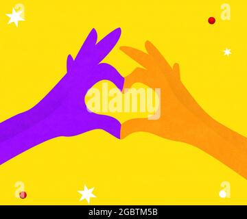 Due mani che si uniscono e fanno la scena dell'amore con le mani colorate che dipingano il concetto di astratto. Moderno sfondo minimalista di concetto d'amore Foto Stock
