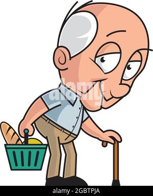 Illustrazione del cartone animato di un uomo anziano con il cestino pieno della spesa Illustrazione Vettoriale