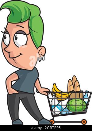 Illustrazione cartoon di una giovane donna con il carrello pieno della spesa Illustrazione Vettoriale