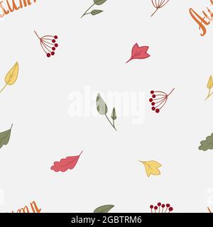 Autunno semplice motivo senza giunture con foglie, bacche e testo Autunno. Carino modello autunnale Illustrazione Vettoriale