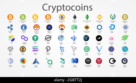Icone di monete vettoriali a criptovaluta isolate su sfondo bianco. Illustrazione Vettoriale