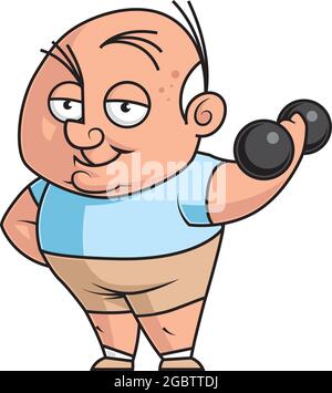 Personaggio cartoon vecchio uomo facendo esercizio con il dumbbell Illustrazione Vettoriale