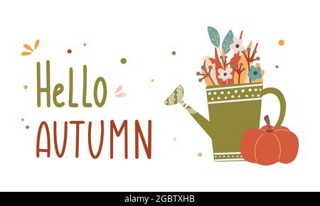 Ciao autunno colorato composizione scritta con annaffiatura lattine e zucca vettore piatto illustrazione. Accogliente composizione disegnata a mano Illustrazione Vettoriale