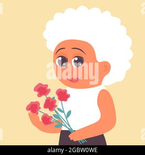 Donna anziana con bouquet di fiori. C'è un sorriso felice sulla faccia di mia nonna. Illustrazione di cartoni animati vettoriali Illustrazione Vettoriale