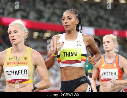 Tokyo, Giappone. 5 agosto 2021. Nafissatou Thiam del Belgio compete durante la partita femminile di eptathlon 800m ai Giochi Olimpici di Tokyo 2020, a Tokyo, Giappone, il 5 agosto 2021. Credit: Li Ming/Xinhua/Alamy Live News Foto Stock