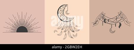 Set di simboli magici, tatuaggi di streghe. Luna di Crescent, sole, mani, palla magica e stelle. Disegno lineare, boho design, illustrazione moderna Illustrazione Vettoriale