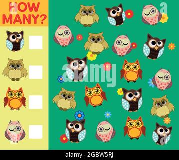 Illustrazione di Cartoon del gioco di attività di conteggio educativo per i bambini con i caratteri degli uccelli. Illustrazione Vettoriale