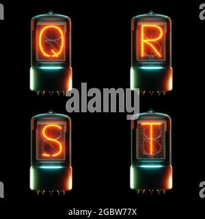 Rendering 3d dell'alfabeto del tubo catodico freddo - lettere Q-T. Foto Stock