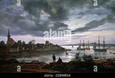 Larvik di Moonlight di J C Dahl (Johan Christian Dahl: 1788-1857), olio su tela, 1839 Foto Stock