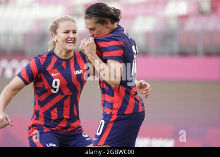 Tokyo, Giappone. 05 agosto 2021. Carli LLOYD (USA) celebra il suo obiettivo durante i Giochi Olimpici Tokyo 2020, Football Women's Bronze Medal Match tra Australia e Stati Uniti il 5 agosto 2021 allo Stadio Ibaraki Kashima a Kashima, Giappone - Photo Photo Photo Kishimoto/DPPI Credit: Independent Photo Agency/Alamy Live News Foto Stock