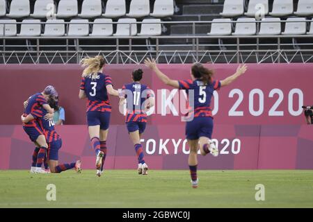 Tokyo, Giappone. 05 agosto 2021. Carli LLOYD (USA) celebra il suo obiettivo durante i Giochi Olimpici Tokyo 2020, Football Women's Bronze Medal Match tra Australia e Stati Uniti il 5 agosto 2021 allo Stadio Ibaraki Kashima a Kashima, Giappone - Photo Photo Photo Kishimoto/DPPI Credit: Independent Photo Agency/Alamy Live News Foto Stock