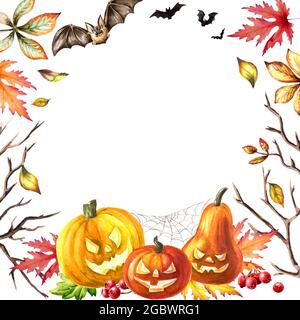 Cornice e modello di Halloween, concetto di festa. Illustrazione di acquerello disegnata a mano, isolata su sfondo bianco Foto Stock