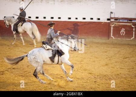 Garrocha pole equitazione in Spagna vicino a Siviglia in una fattoria Foto Stock