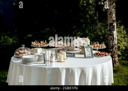 buffet di nozze con spuntini per i giovani in una bella posizione Foto Stock