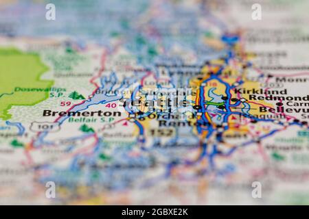 Seattle, Washington state USA, visualizzata su una mappa stradale o su una mappa geografica Foto Stock