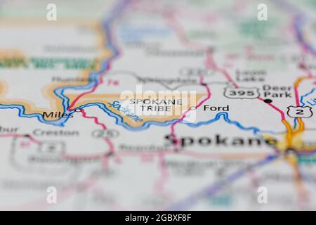 Spokane Tribe Washington state USA su una mappa stradale o su una mappa geografica Foto Stock