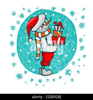 Pupazzo di neve con regali. Stampe T-shirt. Look per tutta la famiglia. Biglietto di Natale . Illustrazione vettoriale Illustrazione Vettoriale