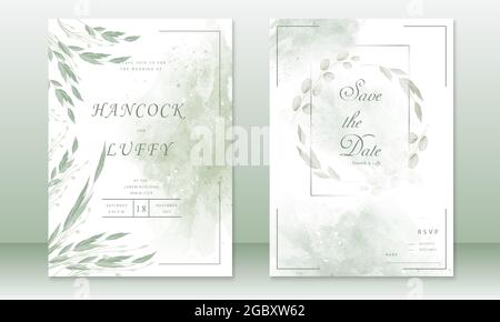 Elegante modello di biglietto di invito per matrimoni. Bella con sfondo a trama acquerello e foglie verdi.Vector illustration.Eps10 Illustrazione Vettoriale