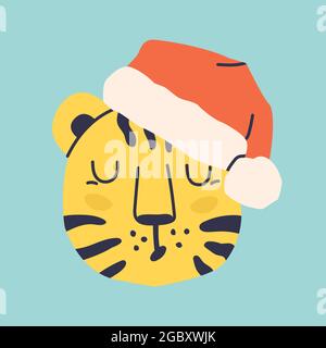 Testa carina tigre. Barattoli colorati, tigre gialla Capodanno nel cappello di Babbo Natale. Illustrazione vettoriale cartoon. Simbolo di 2022. Illustrazione Vettoriale