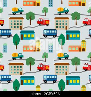 Pattern con una strada, case e auto. Illustrazione dei bambini Illustrazione Vettoriale