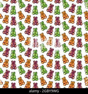 Illustrazione digitale di un modello senza giunture di caramelle di gelatina dolce sotto forma di orsacchiotti colorati su uno sfondo bianco. Illustrazione di alta qualità Foto Stock