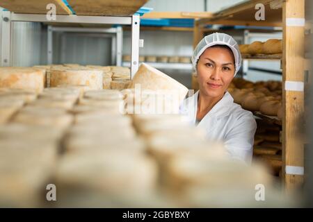 Donna esperta che controlla il processo di maturazione delle ruote di formaggio Foto Stock