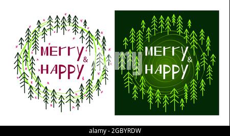 Buon Natale e felice anno nuovo carte con semplice linea alberi di natale. Design delle vacanze invernali per biglietti d'auguri, inviti, banner, poster Illustrazione Vettoriale