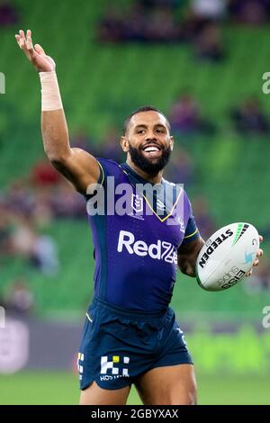 MELBOURNE, AUSTRALIA - 11 MARZO: Josh Addo-Carr della Storm fa gesti verso la folla durante il round 1 NRL match tra la Melbourne Storm e i Rabbitohs di South Sydney all'AAMI Park il 11 marzo 2021 a Melbourne, Australia. Credit: Mikko Robles/Speed Media/Alamy Live News Foto Stock