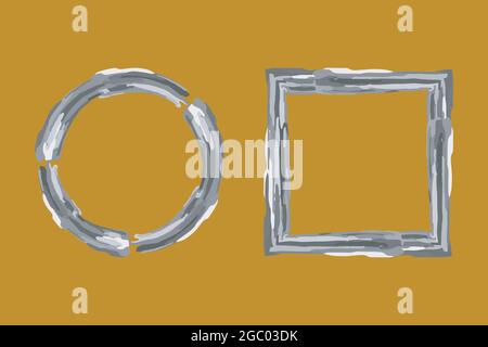 Set cornice pennello inchiostro. Forme quadrate ornate di cerchio. Pittura a mano illustrazione artistica, tavolozza delle sfumature di grigio. Sfondo di senape giallo. Vettore Illustrazione Vettoriale