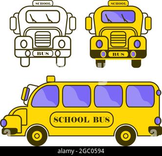 Set di clipart con disegno di bus di scuola in linea e stile piatto Illustrazione Vettoriale