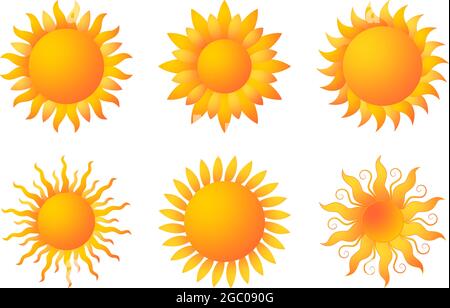 Vettore sole o sole con fasci su uno sfondo bianco isolato. In diversi colori e sfumature giallo e arancione. Illustrazione Vettoriale