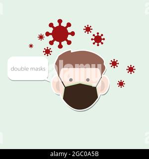 Vettore semplice cartoon testa di un uomo che indossa doppie maschere mediche con bolla del parlato per la doppia maschera suggerimento, l'icona di corona o virus covid flyi Illustrazione Vettoriale