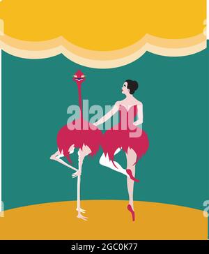 illustrazione di una ballerina su punta insieme ad uno struzzo, che si pone allo stesso modo Illustrazione Vettoriale