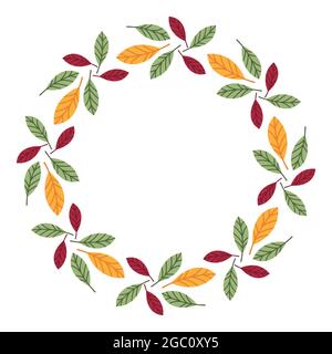 Semplice minima corona rotonda di foglie autunnali cadute. Cornice floreale multicolore per biglietti d'auguri, inviti, etichette. CopySpace. Elemento, ritaglio Illustrazione Vettoriale